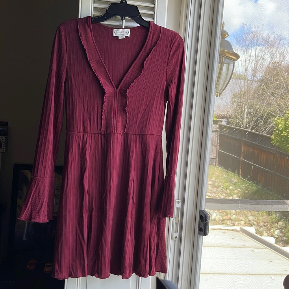 Burgundy VNeck Long Sleeve Skater Dress- NWOT